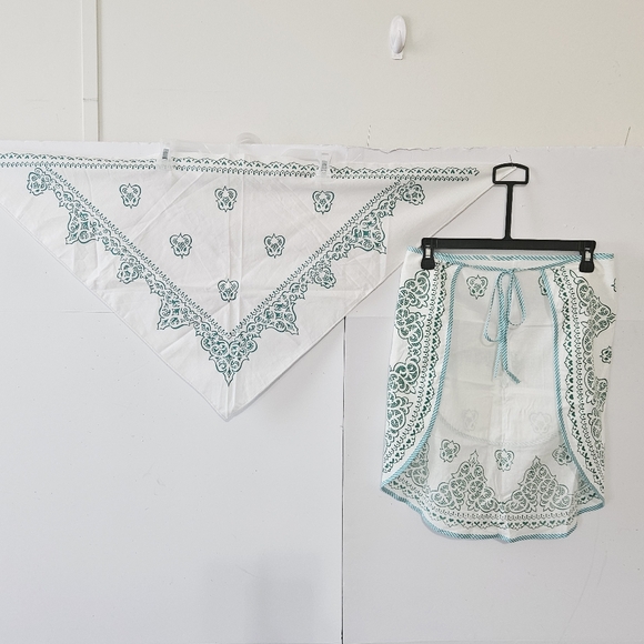 VTG Cotton Kitchen Apron & Bandana Set Blue Green Teal Swirled Design Pattern. - Picture 16 of 16